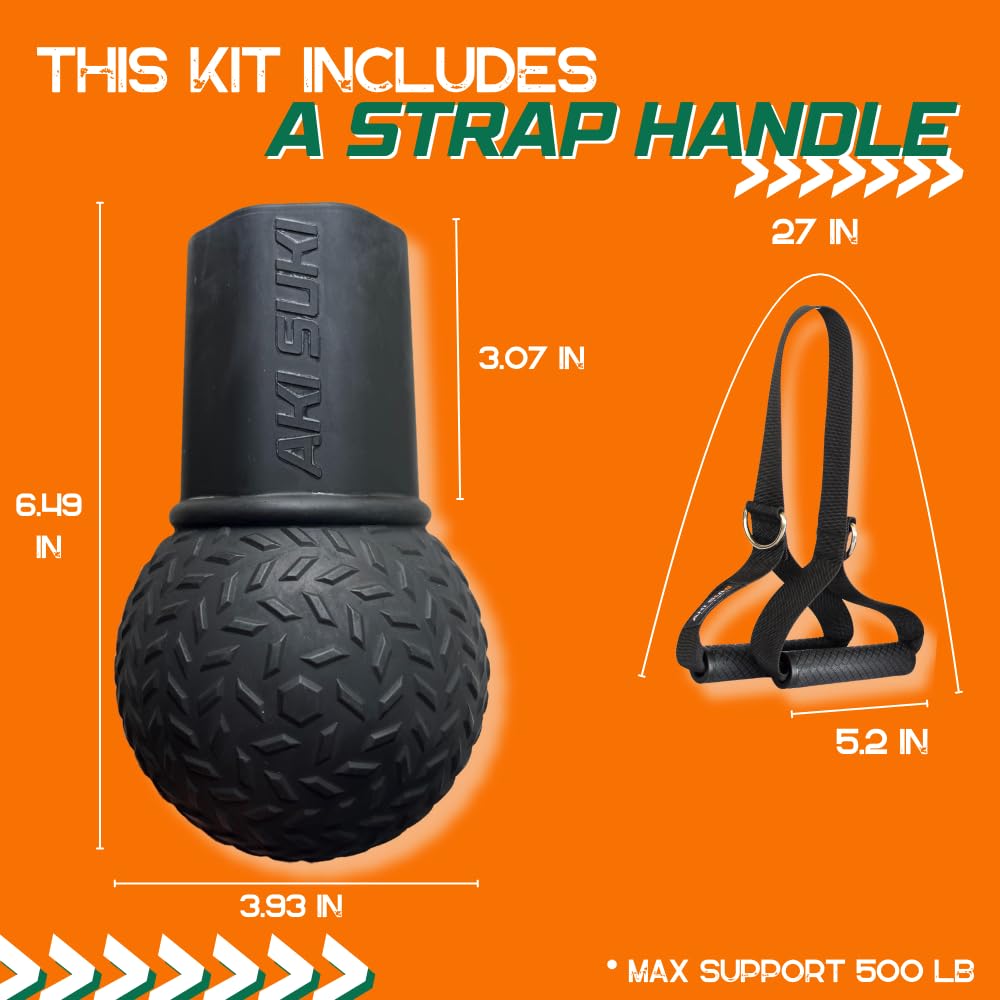 Aki Suki Landmine Attachment for Barbell, with Portable Strap Handle Accessory, Barbell Ball for Press Row Spin Split Squats, Durable Rubber Landmine Bomb Attachment, Fits 2 Inch Olympic Bars