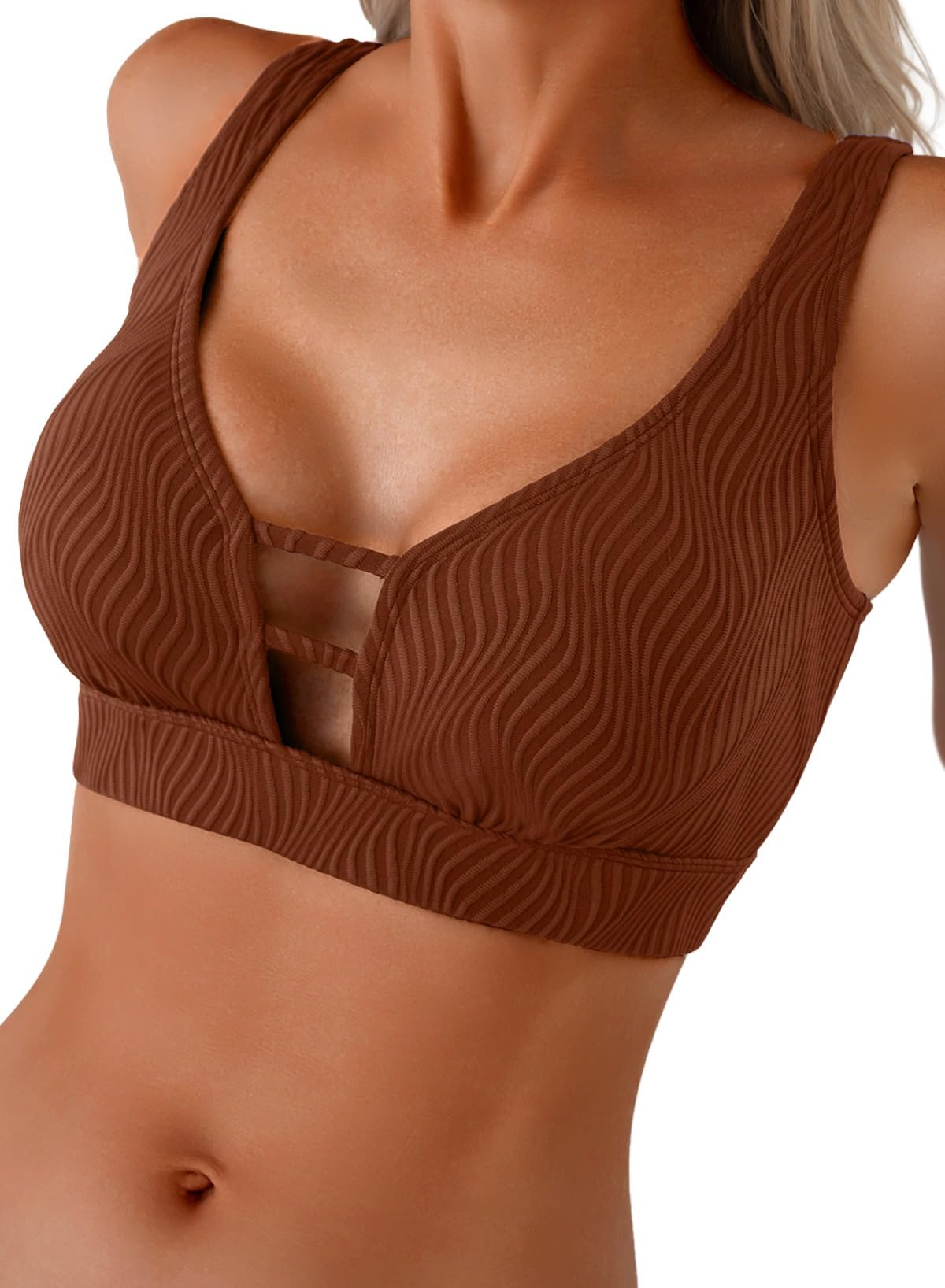 Herseas Womens Ribbed Bathing Suit Tops Cutout Scoop Neck Summer Beach Bikini Tops Padded Support Swimsuit Tops Modest Flattering Swim Top Brown Small