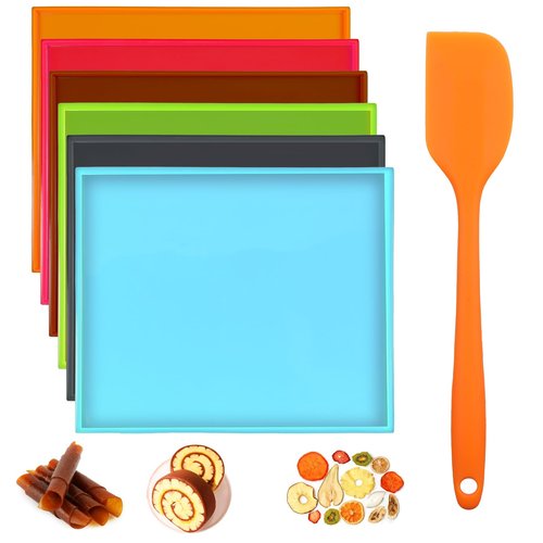 6 PCS Silicone Dehydrator Trays Fruit Leather Trays 12 x 10 Inch Non-Stick Dehydrator Mats with Silicone Scraper Cutter Wheel for Fruit Vegetables, Meat, Pastry etc Dehydrator Tray with Edge