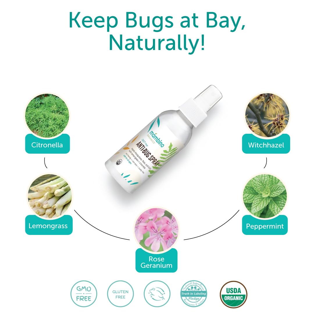 Mambino Organics Anti-Bug Spray, DEET-Free, Organic Mosquito Repellent with Essential Oils, Reef Safe, Face-Safe Protection for Babies, Kids, and Adults, Travel Bug Spray, 2.7oz, 3-Pack