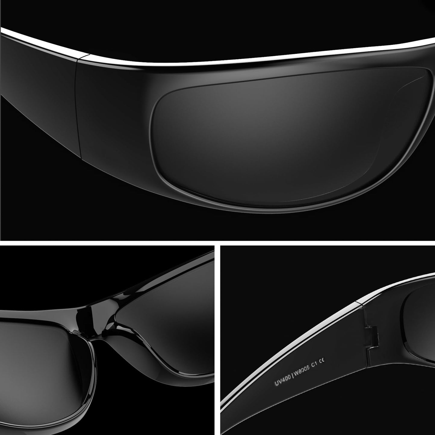 WISTON Wrap Around Sunglasses for Men Women Super Dark Blackout Sunglasses for Sensitive Eyes UV400 Protection W8005 Glossy Frame/Superdark Lens-61 Millimeters Non-Polarized