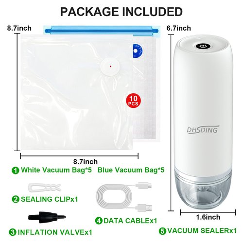 DHSDING Vacuum Sealer - Handheld Vacuum Sealer Machine for Food, Portable Food Storage with 10 Seal Bags, Sous Vide Friendly