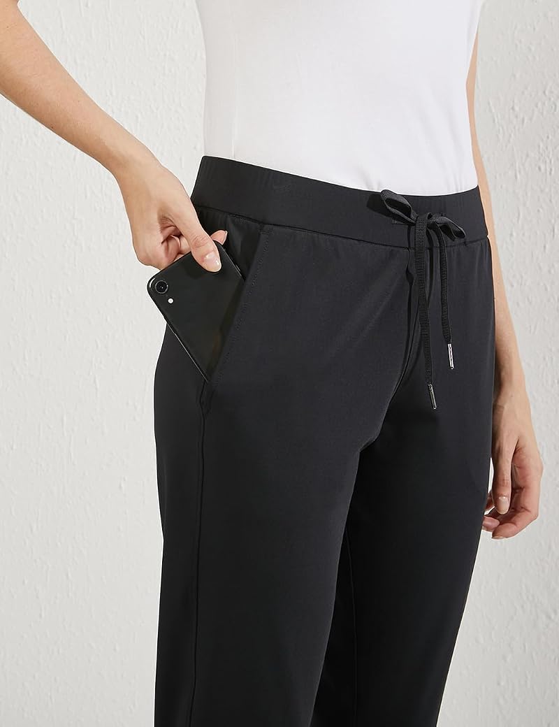 AJISAI Joggers for Women Petite/Regular 7/8 Travel Golf Pants with Pockets - Black, Large