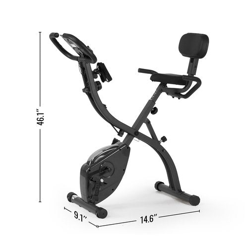 Folding Exercise Bike Stationary Bike Recumbent Exercise bike with 10 Level Adjustable Magentic Resistance and Arm Resistance Band LCD Display Support Backrest Wide Seat 300LB Capacity for Home Workout