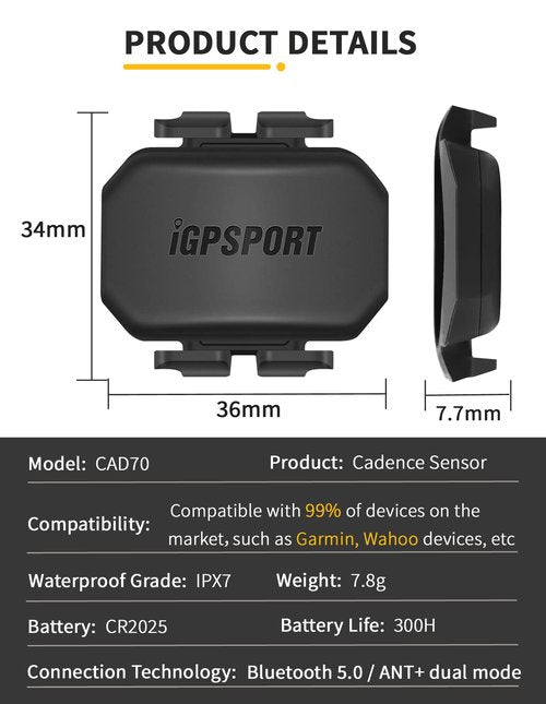 iGPSPORT CAD70 Cadence Sensor, Bluetooth ANT+ Wireless Waterproof Cycling Sensor, Compatible with Bike Computer Stationary Bike