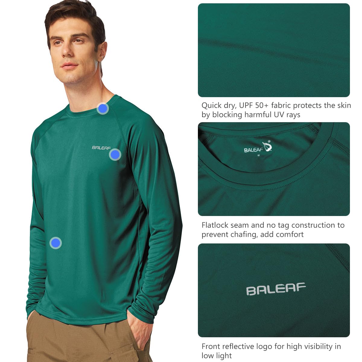 baleaf Mens UPF 50+ Sun Protection Shirts Long Sleeve Rash Guard, Quick Dry 4-Way Stretch for Fishing Swimming Surfing 01-Emerald 2XL