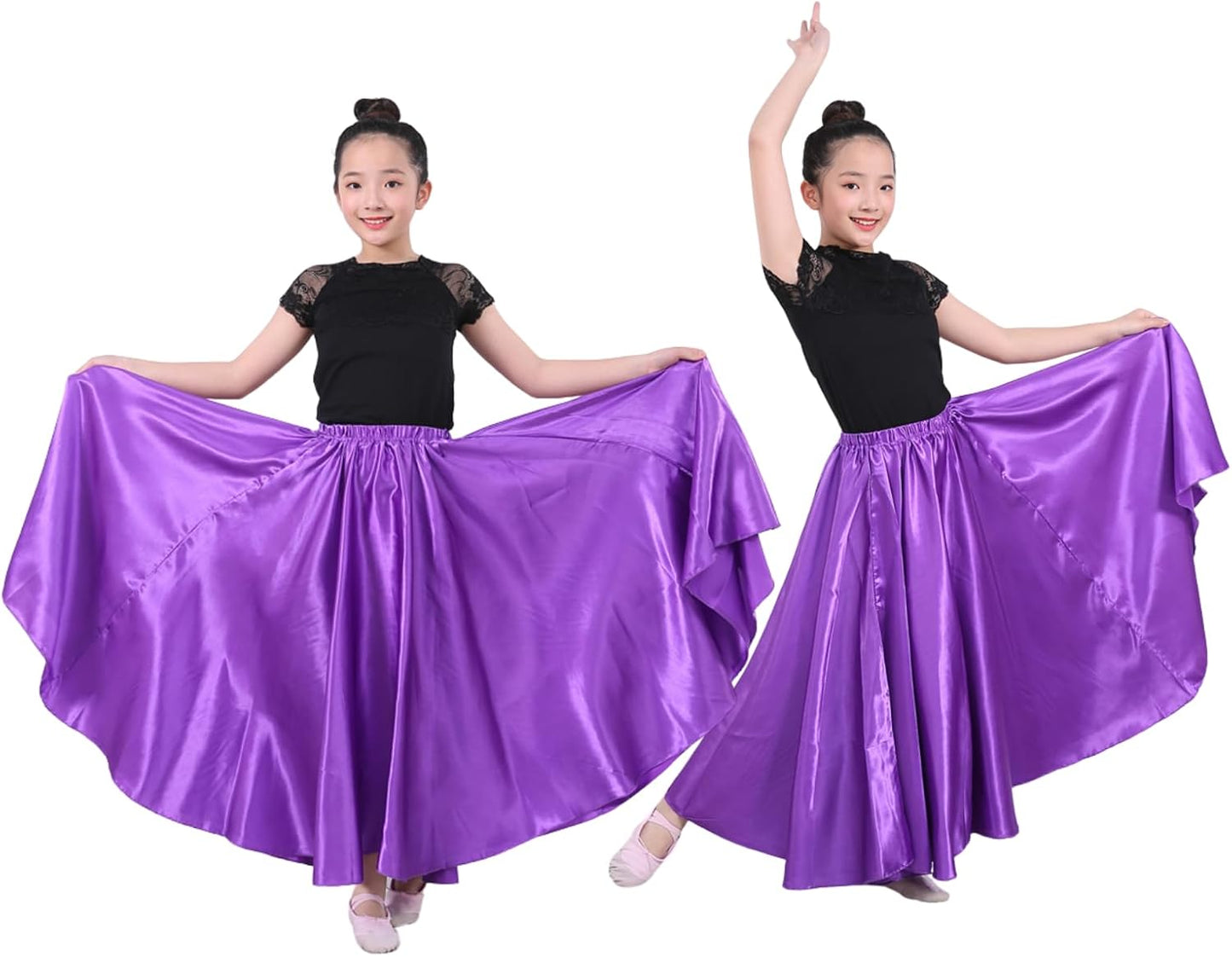 2 Pcs Long Satin Skirt for Girls Full Dancing Circle Skirt for Kids 8-12 Years