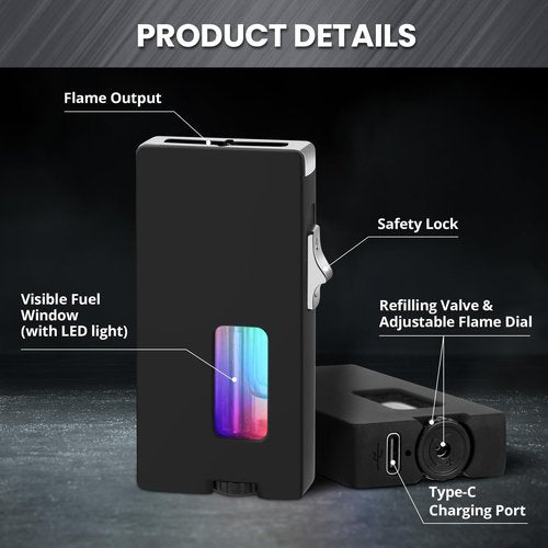 Cool Lighters for Men, Butane Refillable Lighter, Vintage Lighters with Unique Shake Ignition, Visible Gas Tank, Adjustable Wide Flat Soft Flame Lighter, Novelty Gifts Idea for Men Women, No Fuel