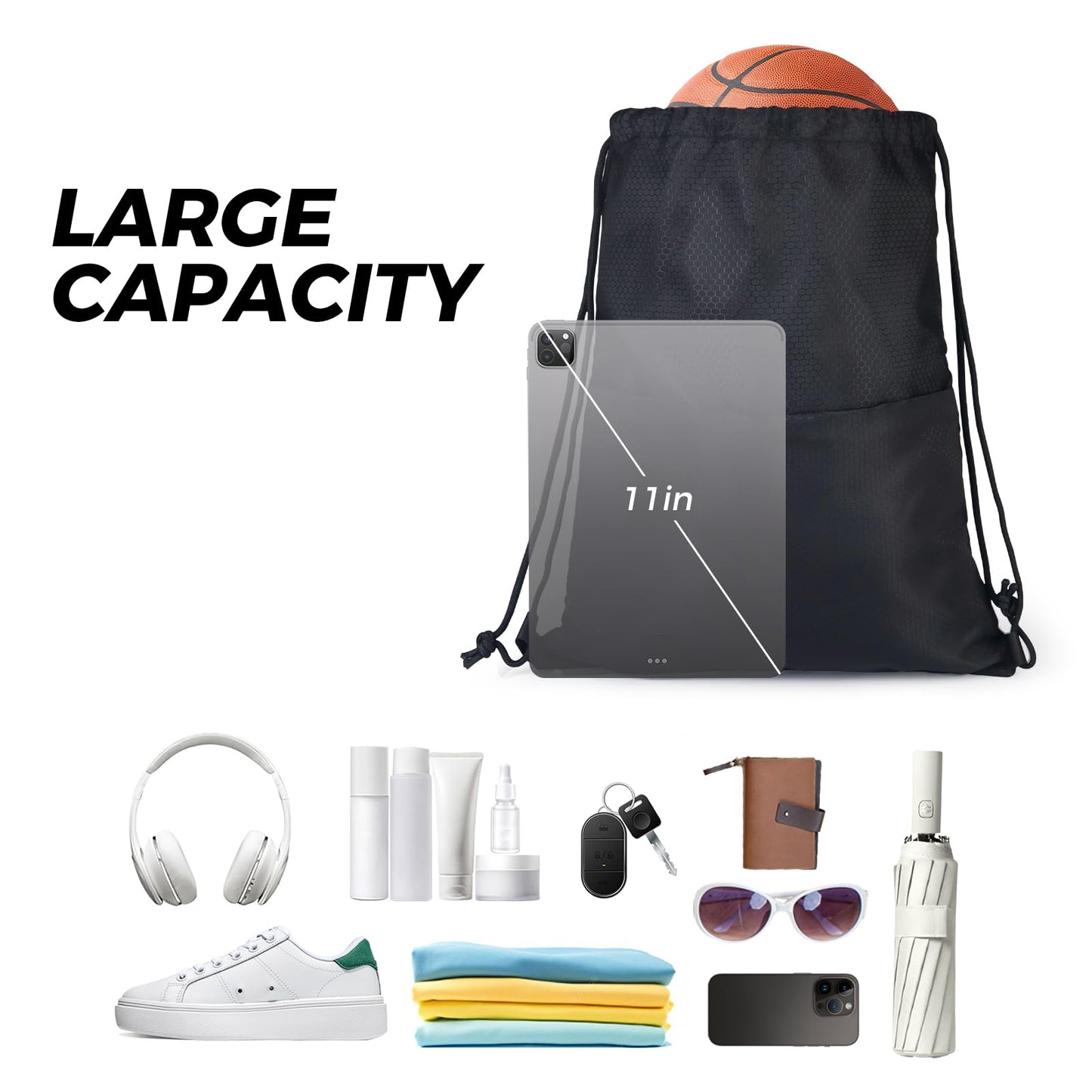 Moyad Drawstring Backpack Gym Bag for Men & Women, Lightweight Swim Bag with Front Zipper Pocket for Sports, Beach, Travel, Yoga, Soccer, Basketball - Honeycomb Black