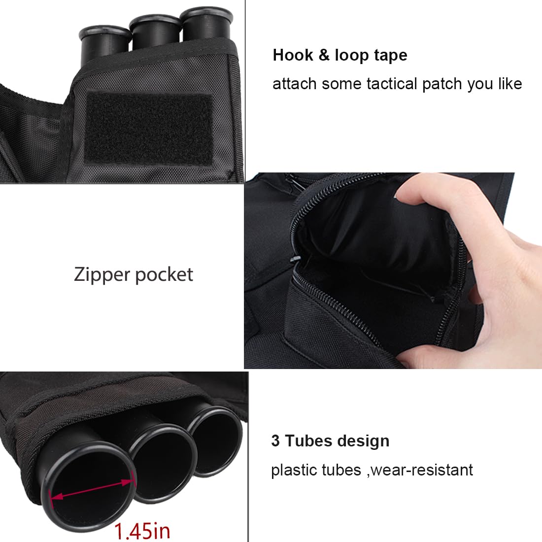 KRATARC 3-Tubes Hip Quiver Waist Hanged Arrow Archery Carry Bag with Pockets Adjustable Belt (Black)