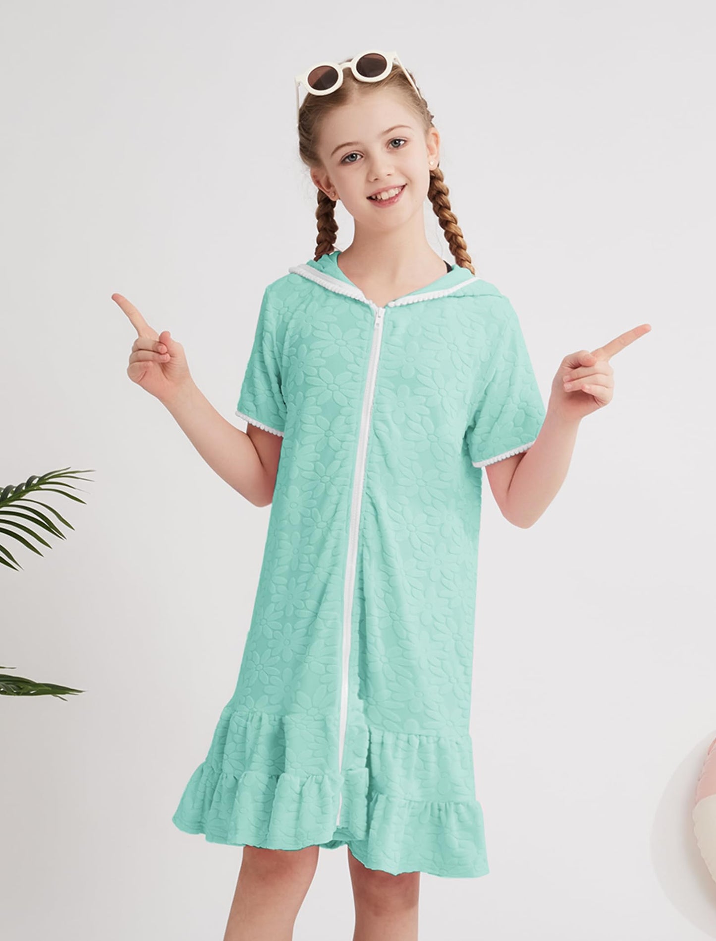 Weixinbuy Girls Swim Cover Up Kids Swimsuit Terry Zip Up Swimwear Hoodie Dress Wraps Beach Bathing Suit Size 6-7 Green