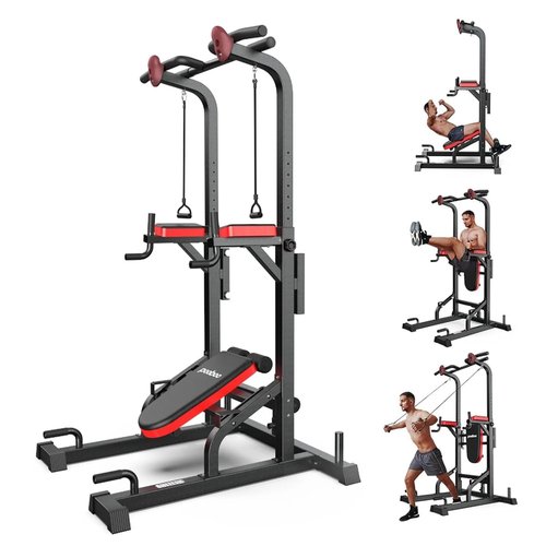 Pooboo Power Tower Dip Station Pull-Up Bar, Adjustable Multi-Function Fitness Equipment for Home Gym Strength Training, Full-Body Workouts, Vertical Knee Raises, Dips and Pull-Ups