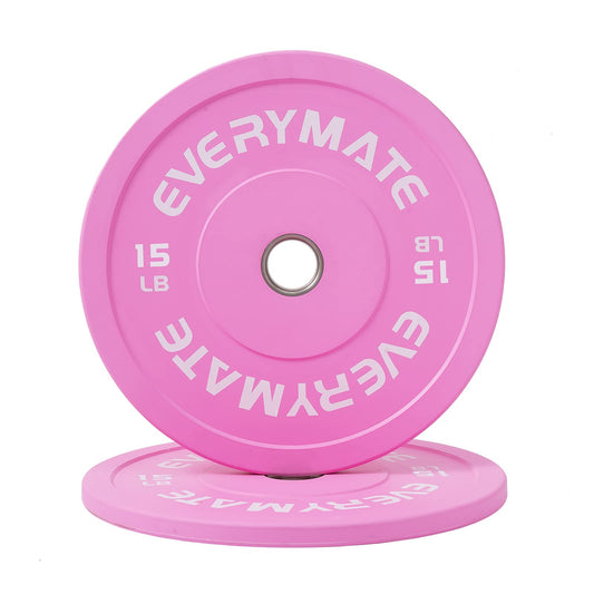 EVERYMATE Pink 15LB Olympic Bumper Plates Set, 2 Inch Bumper Plates for Cross Training and Weightlifting