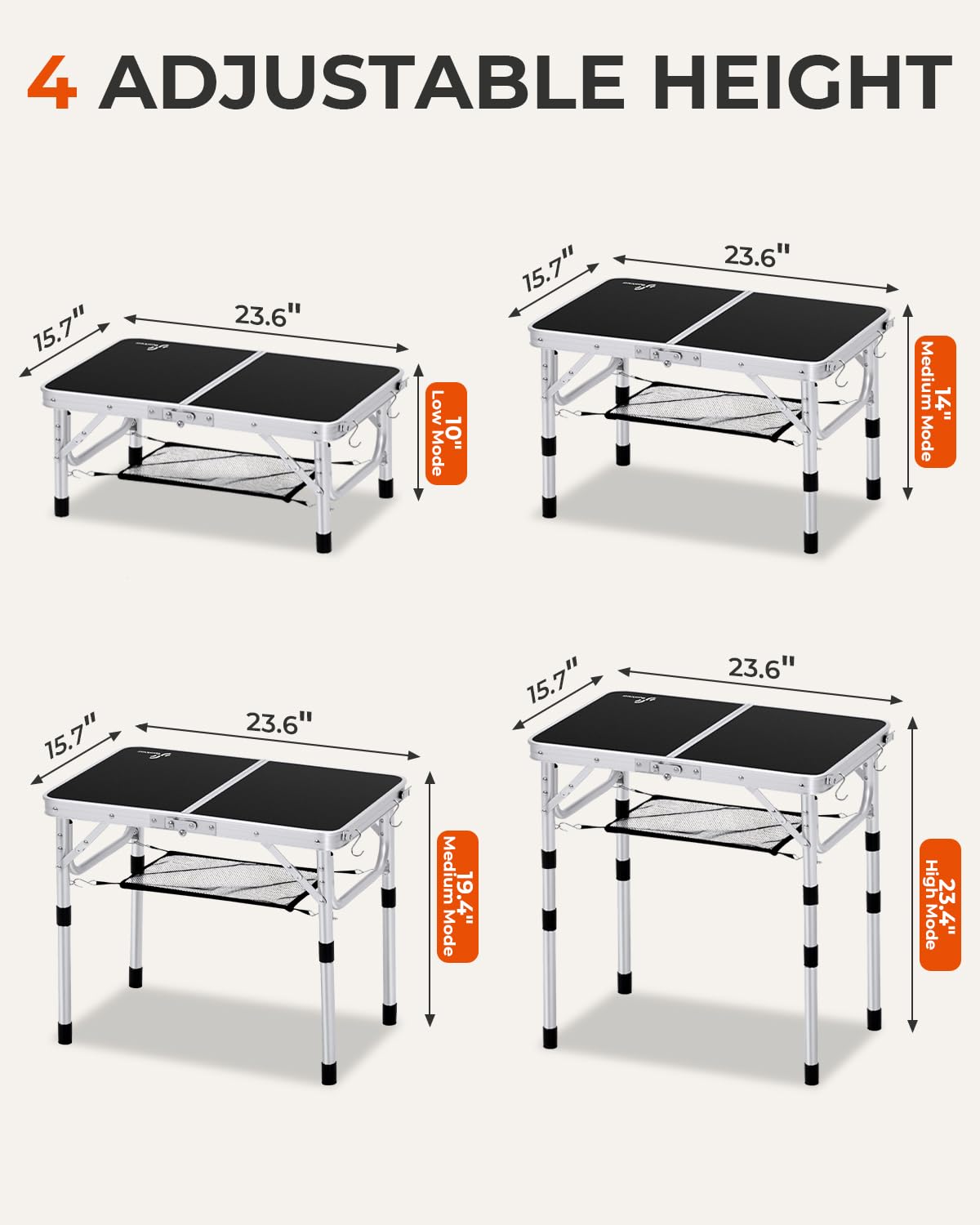 Sportneer Camping Table: Adjustable Height Small Folding Table 23.6" L x 15.7" W 4 Height with Mesh Layer - Compact & Portable Camping Essentials for Outdoor Camp Garden Picnic BBQ Dining Cooking