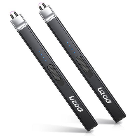2 PCS Long Lighter, Candle Lighters Electric Lighter, Rechargeable Arc with LED Display, Lighters for Candle Aromatherapy Camping BBQ Gas Stoves-Deep Black