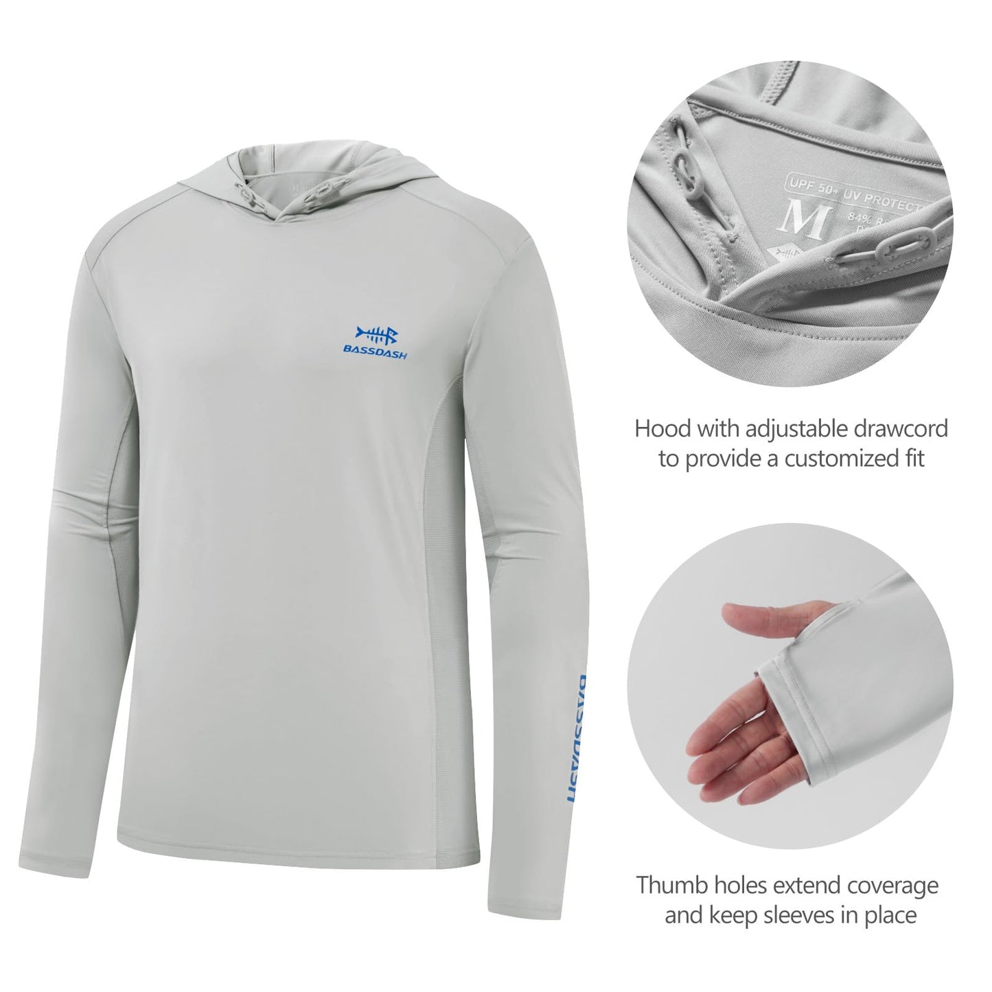 BASSDASH Men’s UPF 50+ Drawstring Fishing Hoodie Shirts UV Sun Protection Long Sleeve Outdoor Hiking Hooded T-Shirts FS33M