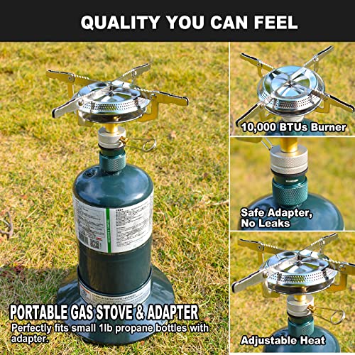 Portable Camping Propane Stove with Gas Adapter - 10,000 BTU Single Burner, Full Set with Carrying Case