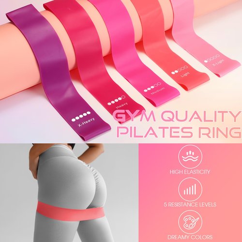 Arrowbash Set of 6 Style Pilates Home Equipment Set Pink Pilates Essential Kit Workout Accessories 14" Magic Circle, Mini Exercise Ball, Yoga Strap, Silicone Tension Strip, Tension Band, Sliding Plate