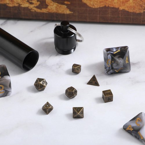 7 PCS Mini Dice Set, DND Miniature Metal Game Dice Set Portable Antique Copper Miniature with Keychain Case for D&D Player TTRPG Gamer or Dungeons and Dragons Role Playing Table Game Tools Gifts