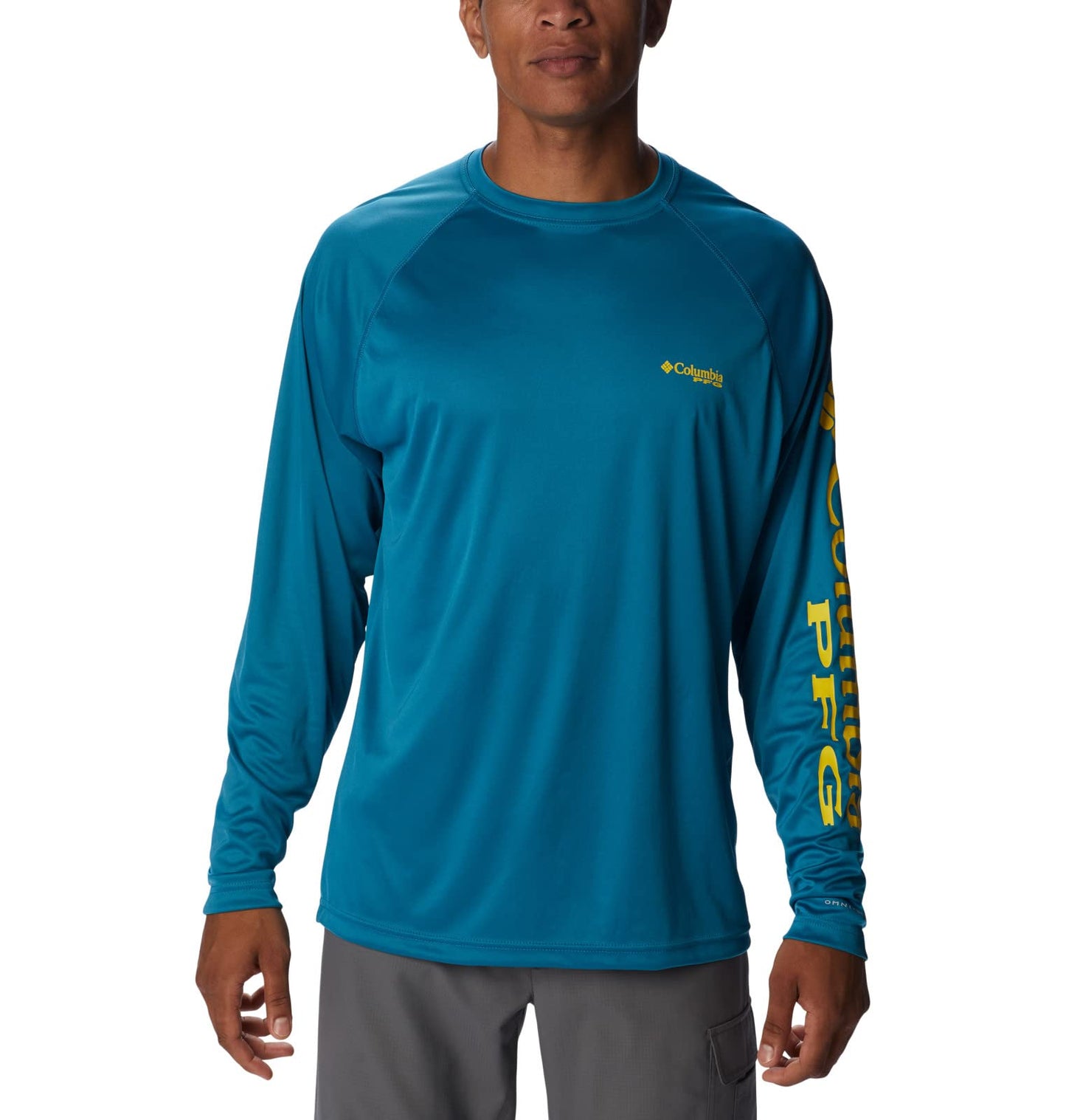 Columbia Men's Terminal Tackle Long Sleeve Shirt, Deep Marine/Laser Lemon Logo, 2X Tall
