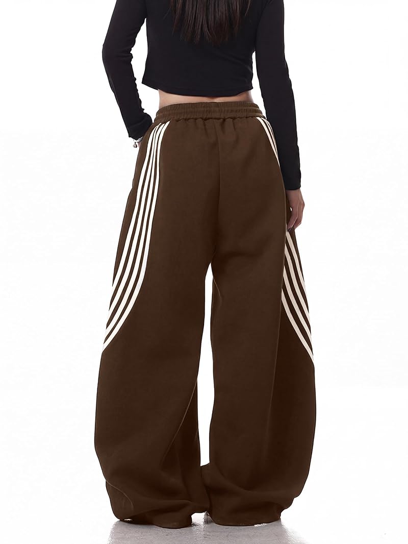 Emmiol Women’s Y2K Baggy Stripe Sweatpants - High Waist Wide Leg, Brown XX-Large