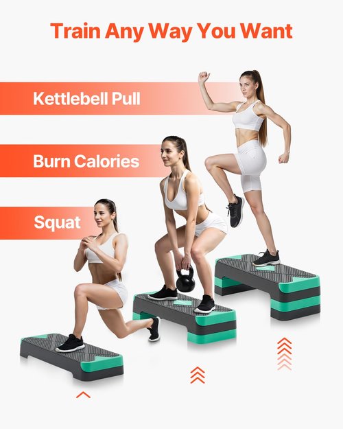 VEVOR Aerobic Exercise Step Platform, 28-Inch Workout Aerobic Stepper, Height Adjustable Fitness Training Step Deck Trainer with 4 Risers, Non-Slip Surface Bench for Home Gym Cardio Strength, Green