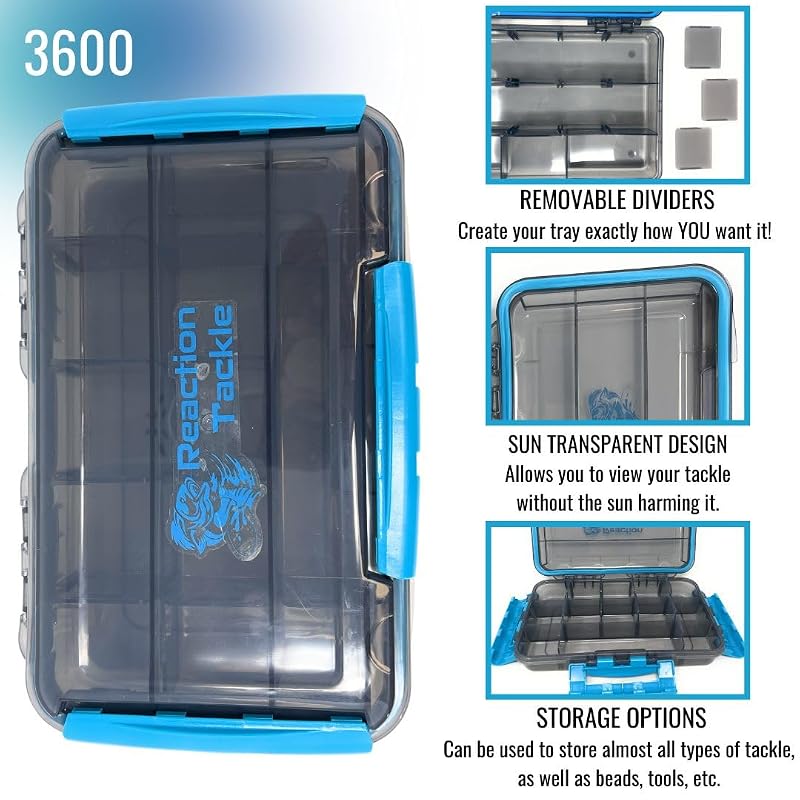 Reaction Tackle 3600 4-Pack Tackle Trays with Gasket Seal, 3 Clips, Removable Dividers