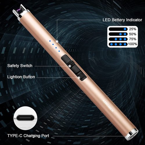 ARECTECH Rechargeable Electric Candle Lighter Arc Plasma Windproof Lighter for Candle Kitchen Birthday Gift for Mom Men Wife with Type-C Cable Champagne Gold