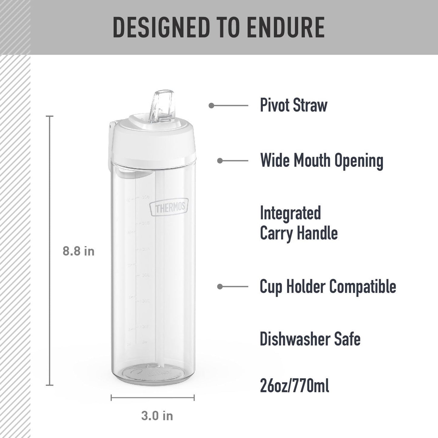 THERMOS ICON SERIES Lightweight Hydration Bottle - Durable Water Bottle Made with Tritan by Eastman with Straw Lid for Quick and Easy Drinking Experience - 26oz, Clear