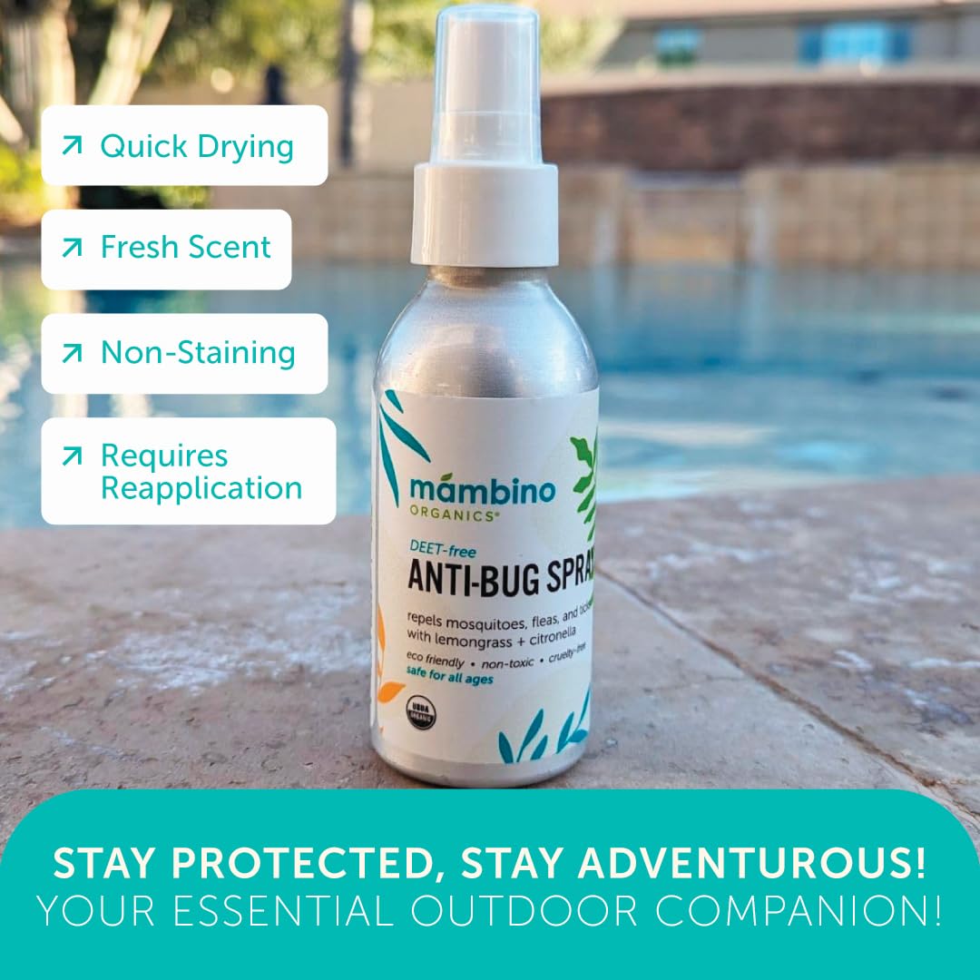 Mambino Organics Anti-Bug Spray, DEET-Free, Organic Mosquito Repellent with Essential Oils, Reef Safe, Face-Safe Protection for Babies, Kids, and Adults, Travel Bug Spray, 2.7oz, 3-Pack