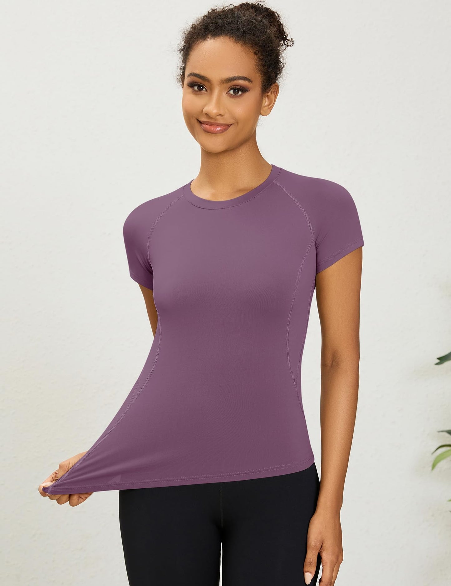 LOMON Workout Tops for Women Short Sleeve Athletic Shirt Crewneck Slim Tees Running Gym Pilates Shirts Outfits(Grey Purple,Medium)