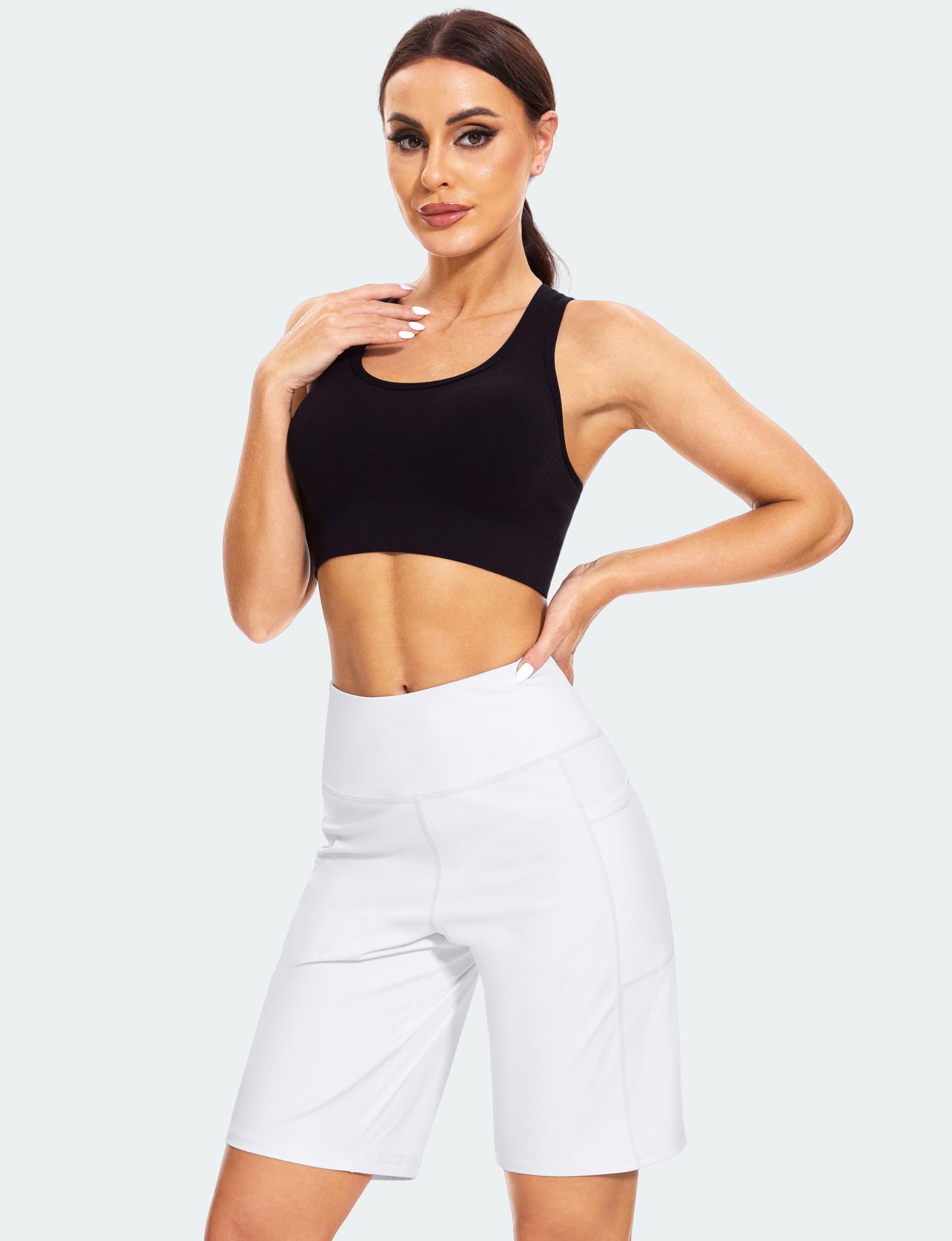 Blouty Women's 9" Bermuda Long Shorts with Pockets High Waisted Knee Length Shorts for Women Workout Athletic Casual (White, X-Large)