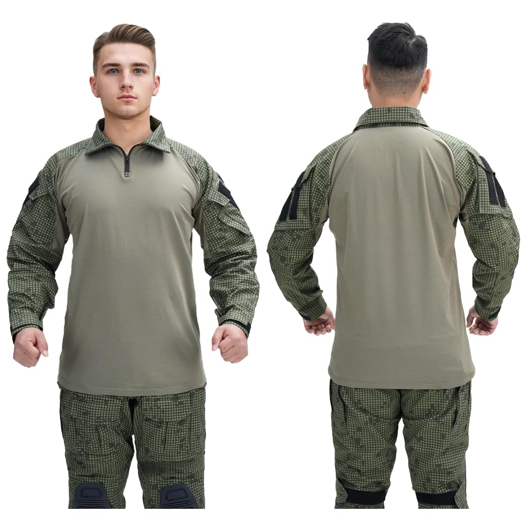 IDOGEAR OUTDOOR G3 Combat Shirts Camo Military Shirts with 4 Pockets Tactical Assault Long Sleeve for Paintball Airsoft(DNC,Large)
