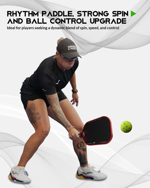 Warping Point Rhythm Carbon Fiber Pickleball Paddle, 16mm Core with 10mm Cell Size for Extra Rebounce, Elongated Structure for Two-Handed Shots, Durable Friction Surface Enhances Spin & Power, Red