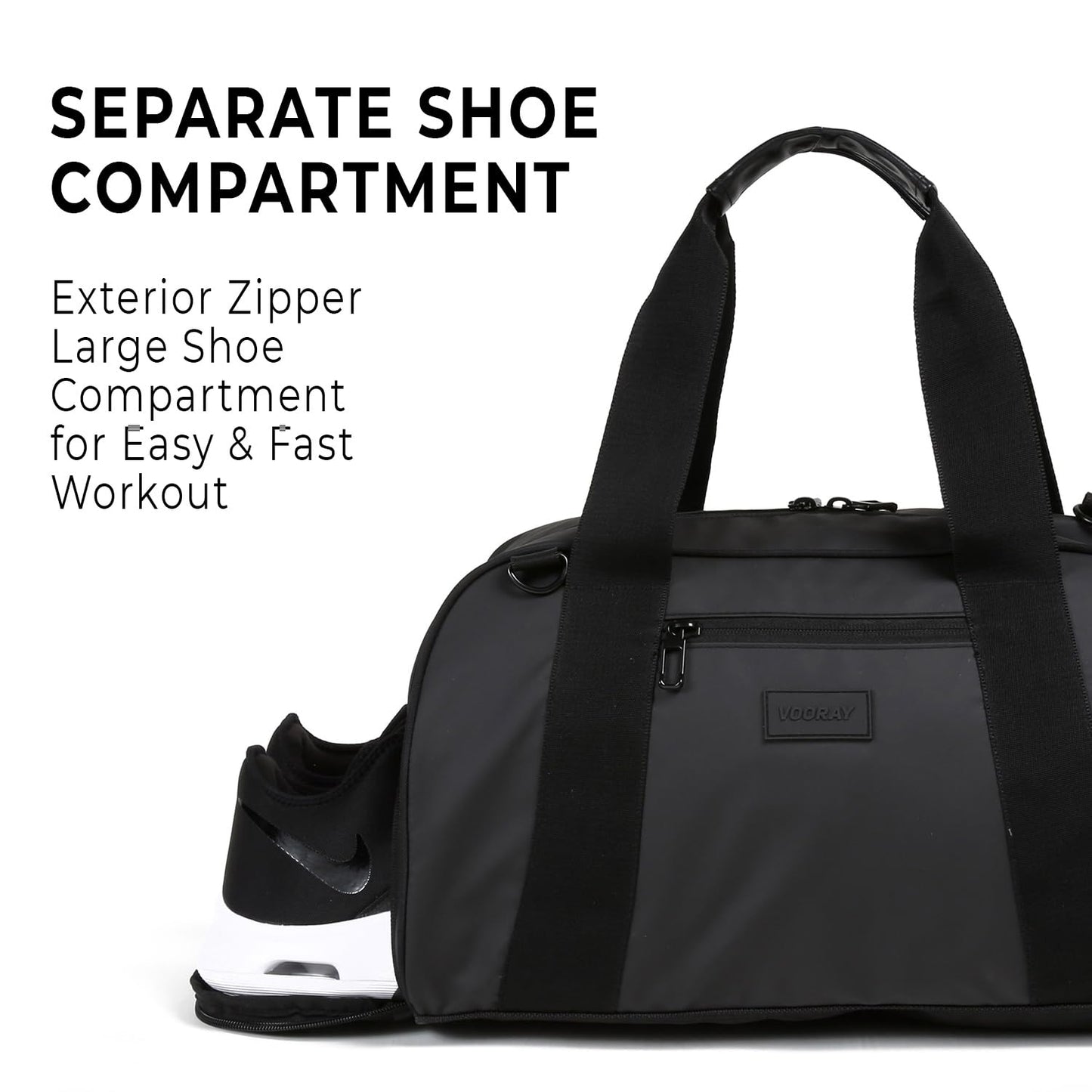 Vooray Burner Gym Duffel Bag – 23L Small Gym Bag for Women and Men with Shoe Compartment and Water Bottle Pocket, Lightweight Travel Duffle for Training, Sports, Overnight Use (Matte Black)