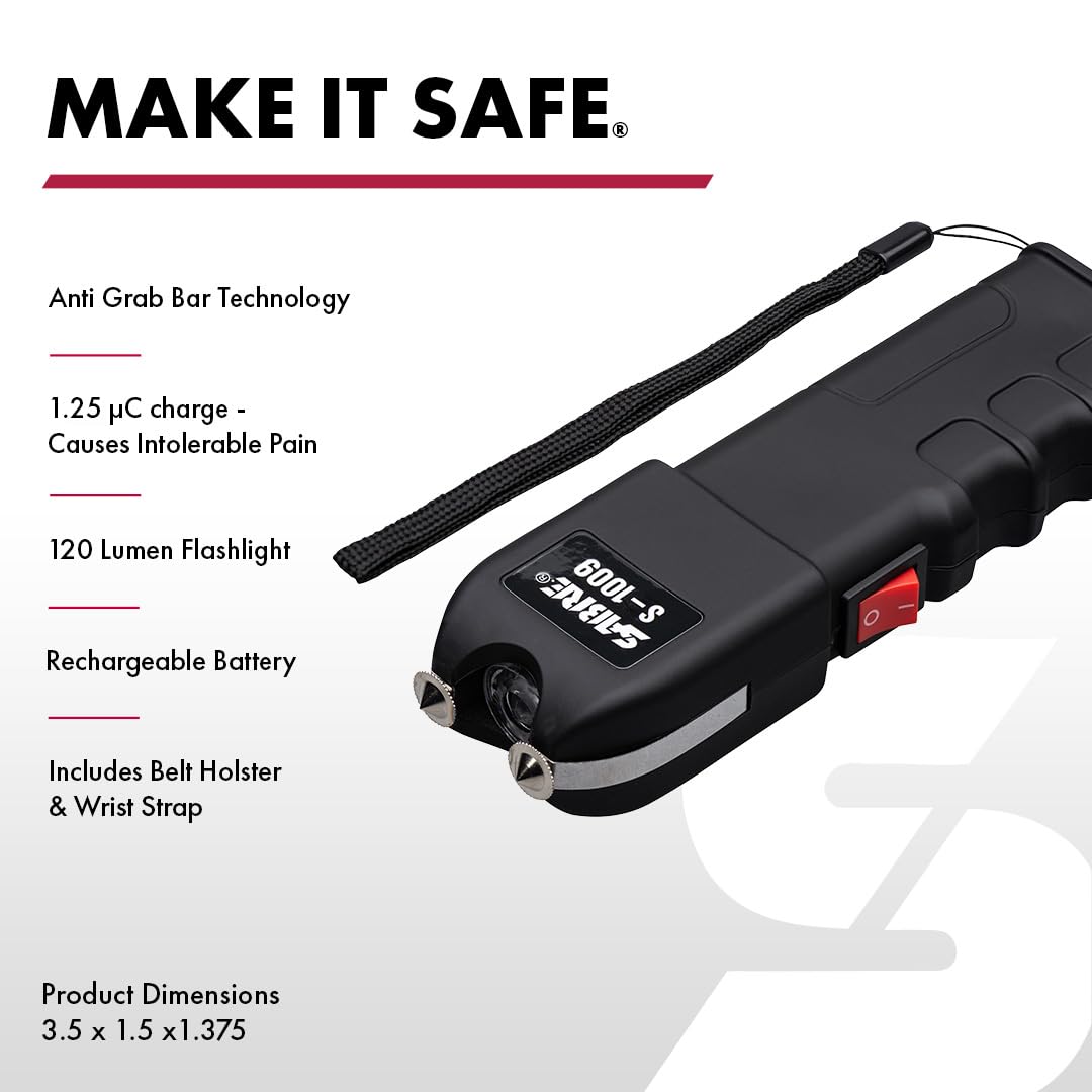 SABRE 2-in-1 Stun Gun with Flashlight and Anti-Grab Bar Technology, Painful 1.250 µC Charge, 120 Lumens, Rechargeable Battery, Safety Switch, Includes Wrist Strap and Belt Holster