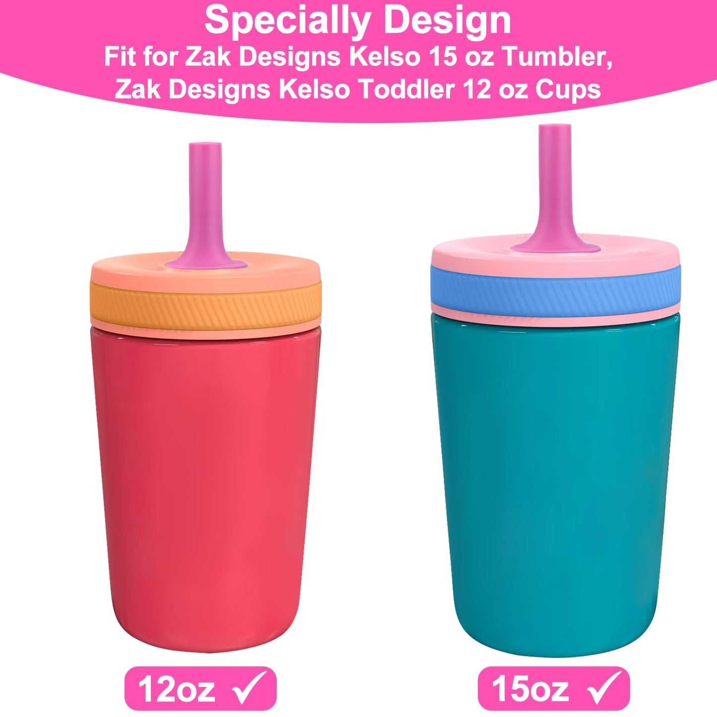 XANGNIER Replacement Straws and Bite Valve Compatible with Zak Designs Kelso 15 oz Tumbler Water Bottle,4 Pcs Silicone Straws with Cleaning Brush for Zak Designs Kelso 12 oz Cups,Hot Pink