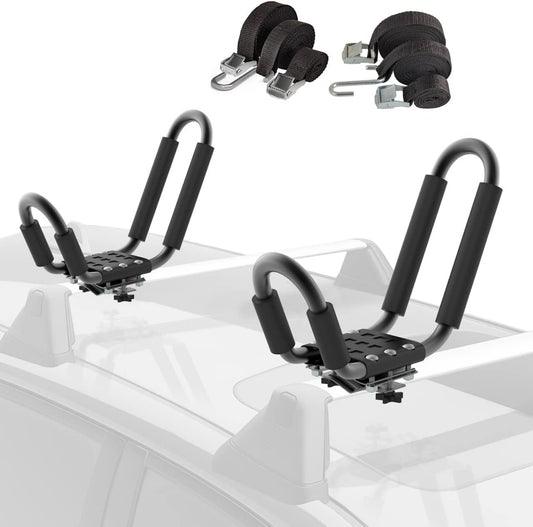 Kayak Roof Racks - J-Bar Hooks Canoe, Surf-Board & Kayaks Carrier - Universal Fit for SUP Roof-top Rack Mount on SUV, Cars, Truck, with Tie Down Straps & Accessories