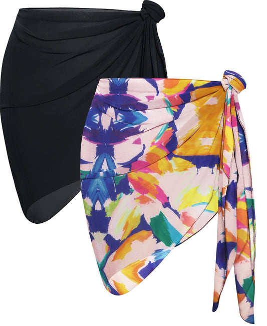 2 Pieces Sarong Cover Ups for Women Beach Bathing Suit Wrap Sheer Short Skirt Bikini Chiffon Scarf for Swimwear (Black & Colorful Paint)