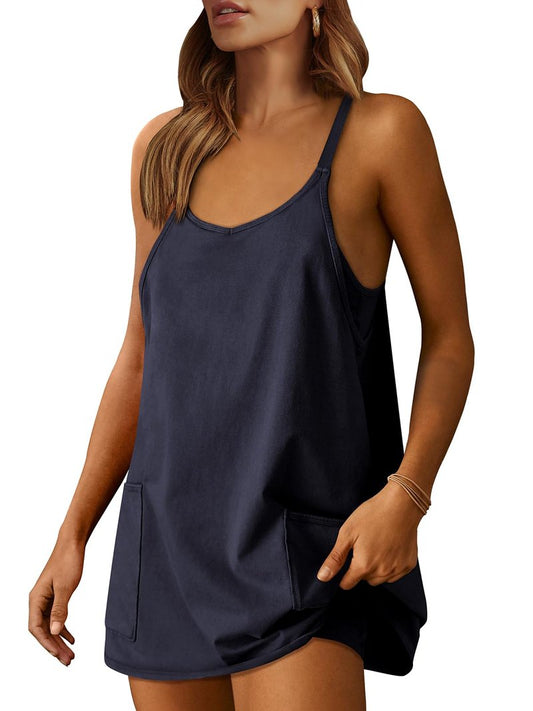 ANRABESS Women Athletic Dress Summer Tennis Workout Active Sports Mini Romper Dress Built in Shorts Travel Vacation Clothes Navy Blue Medium