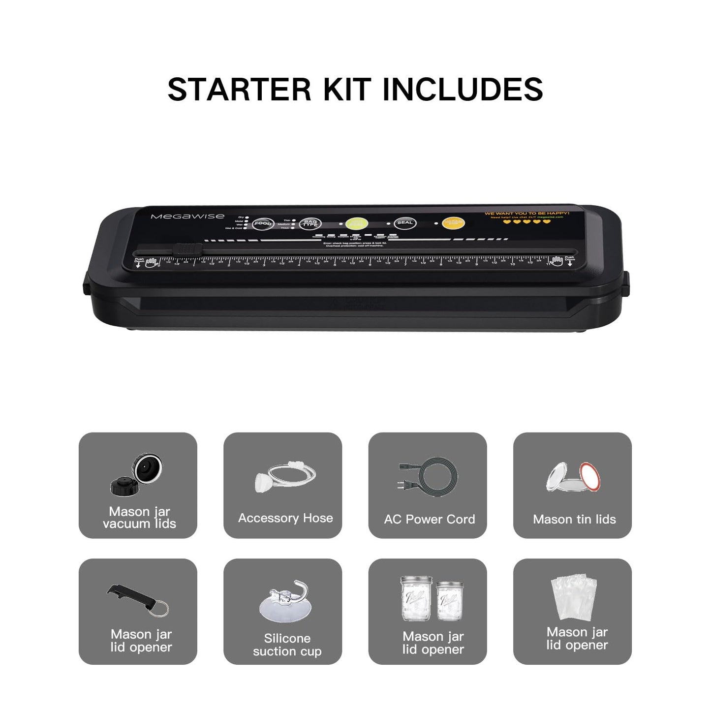 MEGAWISE Food Vacuum Sealer w/Starter Kit with Accessory Hose for Wide and Regular Mouth Sealer, Compact Design with 10 Vacuum Bags & Built-in Cutter