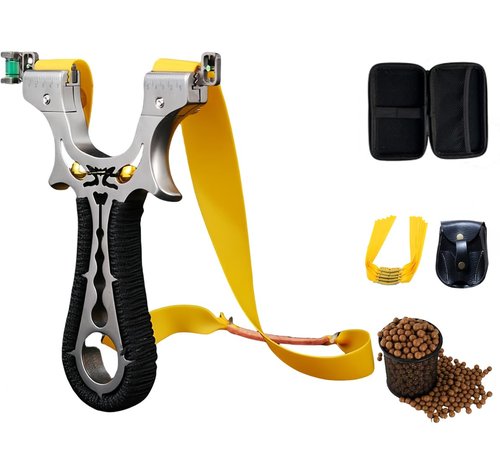 UPJOGSMH Slingshot, Professional Metal Hunting Slingshot Set, Including 100 Clay Bullets + Carrying Bag + 1.5mm Strong Rubber Band, High-Speed and Precise Catapult, Outdoor Survival Hunting Tools