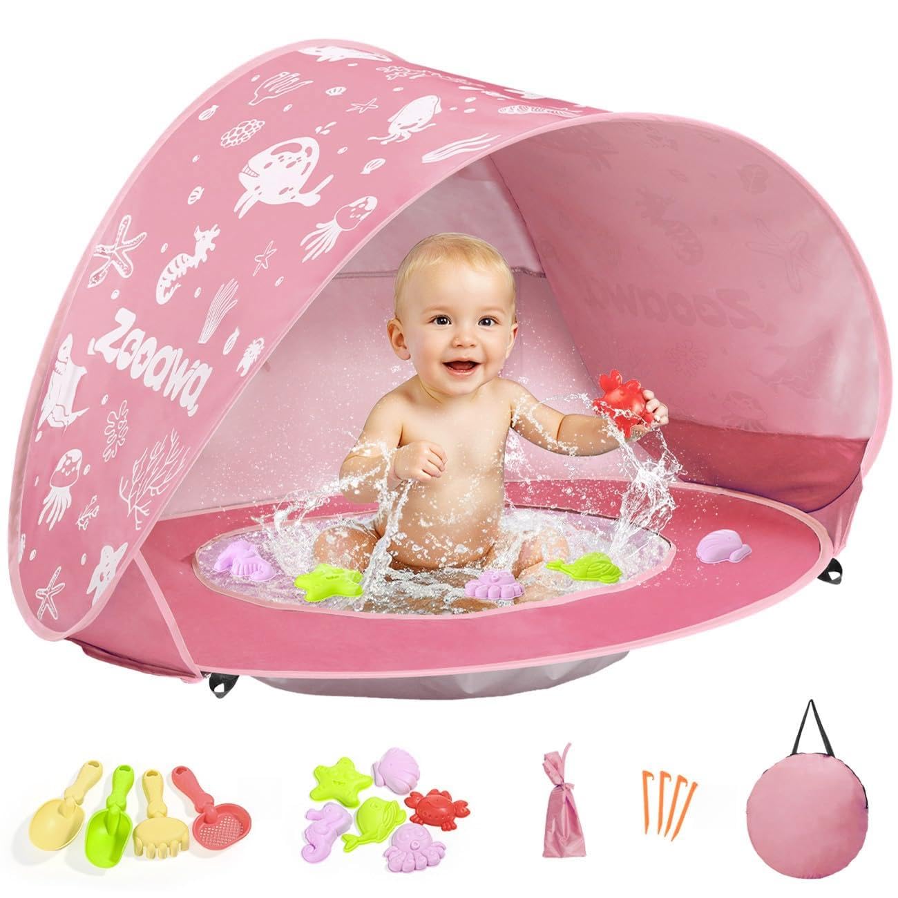Zooawa Baby Beach Tent, Pop Up Beach Tent Sun Shade, Portable Shade Pool UV Protection Sun Shelter for Infant with Sand Toys Set, Light Pink
