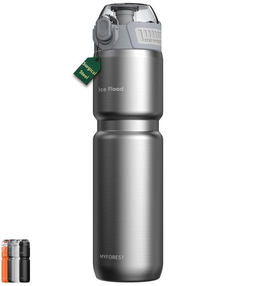 MYFOREST 24oz/700ml Insulated Bike Water Bottle, Surgical Steel: No Plastic Taste, Stronger Grip for MTB & Gravel, Chug/Sip 2-in-1, Dirt Cap/Anti-Scratch (Glossy Steel)