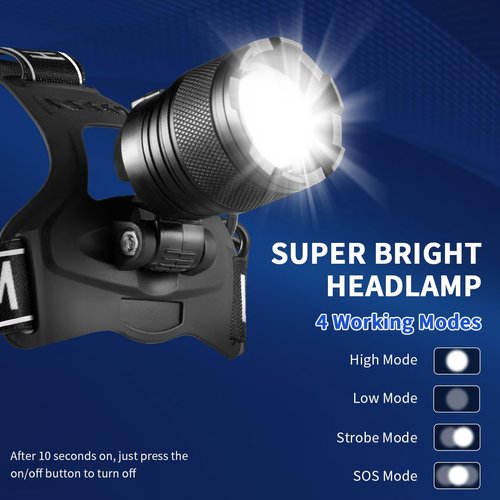 Staaricc Rechargeable Headlamp 1Pack, Bright Head Lamp, 90° Head Lights for Forehead, Adjustable Focus Headlight, 3Mode LED Headlamp, Waterproof Headlamps for Adults Camping Essentials Gear Hard Hat