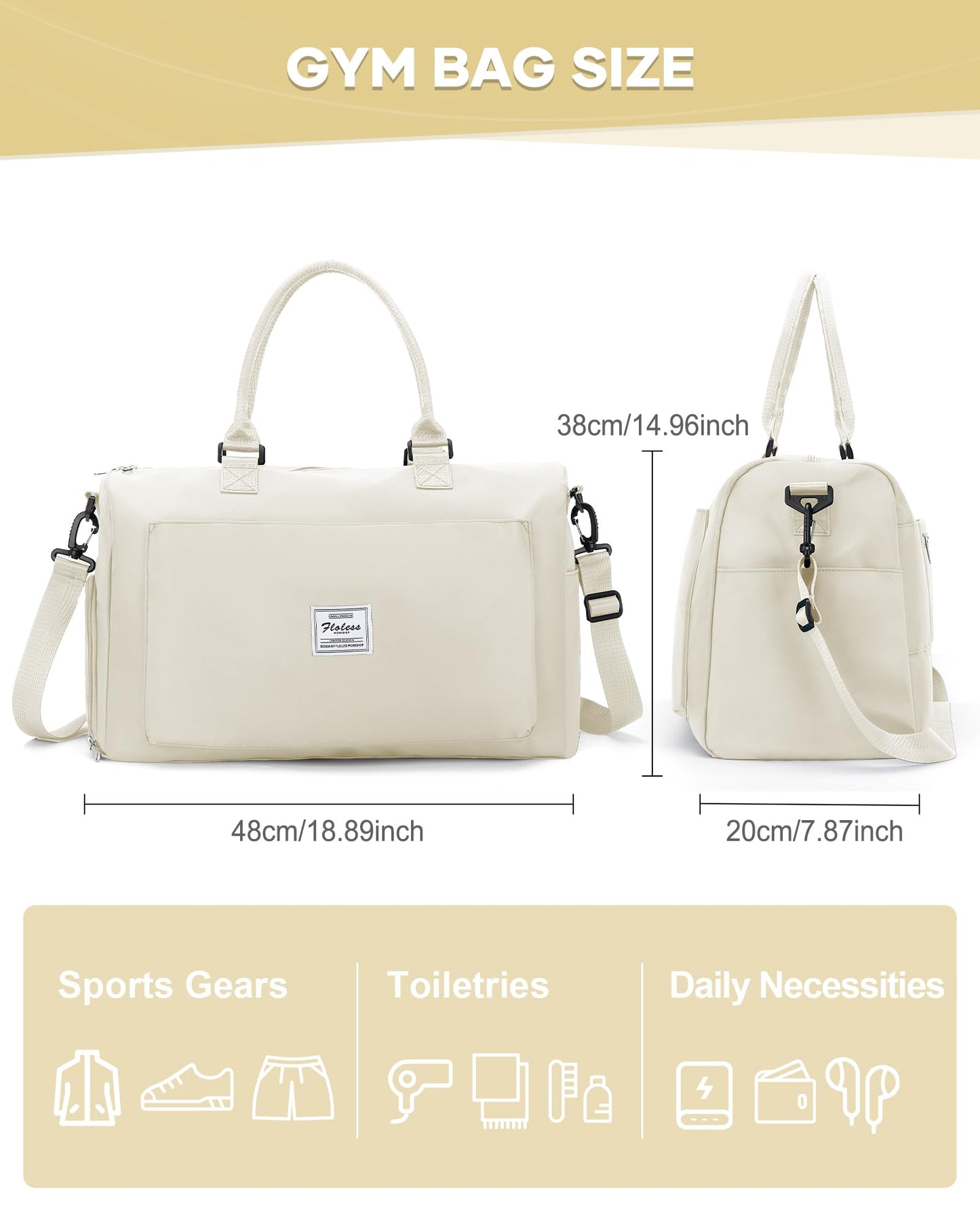 Gym Bag for Women Men Duffle Bags for Travel with Shoe Compartment Shoulder Weekender Overnight Carry on Tote Bags for Airplane Beach Bag Workout Yoga Sport Swimming Cream White