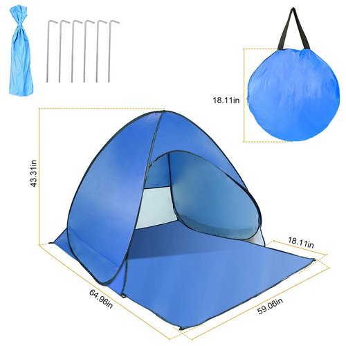 KOCASO Pop Up Beach Tent for 2-3 Person, UPF50+ Anti-UV Sun Shelter w/Storage Bag, Portable Waterproof Instant Sun Shade Canopy for Outdoor Beach Camping Hiking Travel Family, Blue