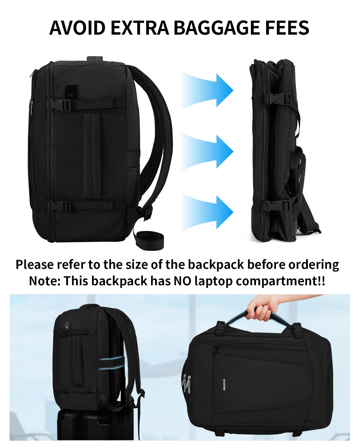 ECOHUB 17'' Small Travel Backpack, United Airlines Personal Item Bag 16.7"x10"x8" with 13 Pockets Carry on Backpack with USB Port Luggage Sleeve Travel Essentials for Men Women Water Resistant, Black