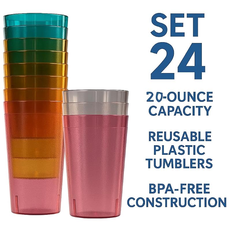 20 oz Plastic Tumbler Set - 24 Pack, BPA-Free, Shatterproof, Stackable Drinking Glasses