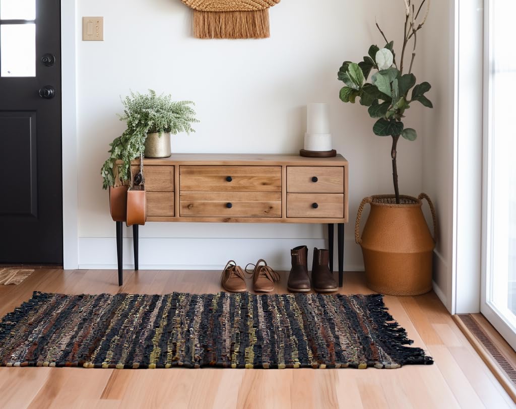 COTTON CRAFT Leather Chindi Area Rug - Boho Farmhouse Rustic Accent Rug - Neutral Handwoven Reversible Natural Organic Recycled Leather Throw Rug - Entryway Living Room Gift - 3' x 5' - Tan Multicolor